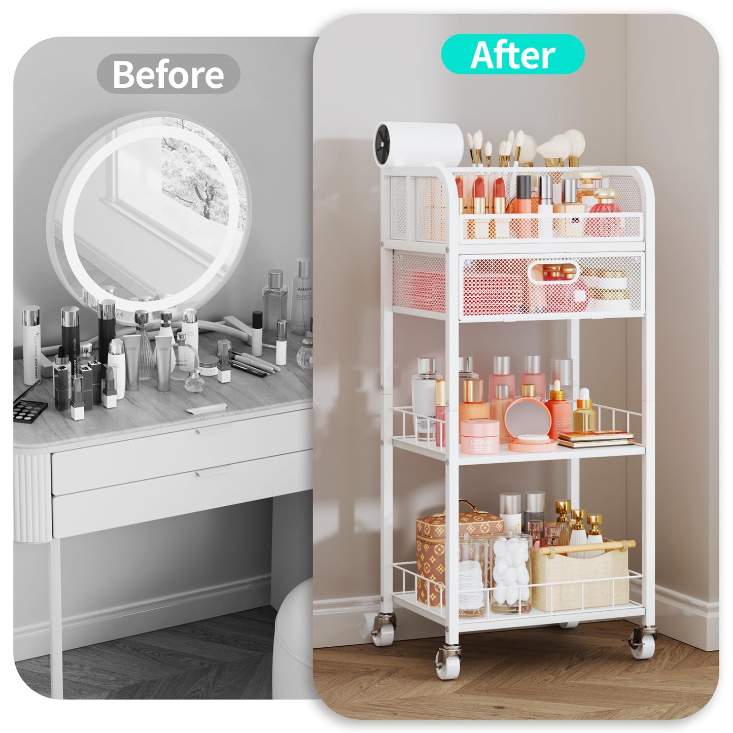 HapiRm Makeup Organizer Storage Cart - 4 Tier Skincare Make Up Storage with Drawer, Rolling Makeup Cart Vanity Organizer Cosmetics Display Cases Holder for Skin Care Perfume Nail Polish Brush