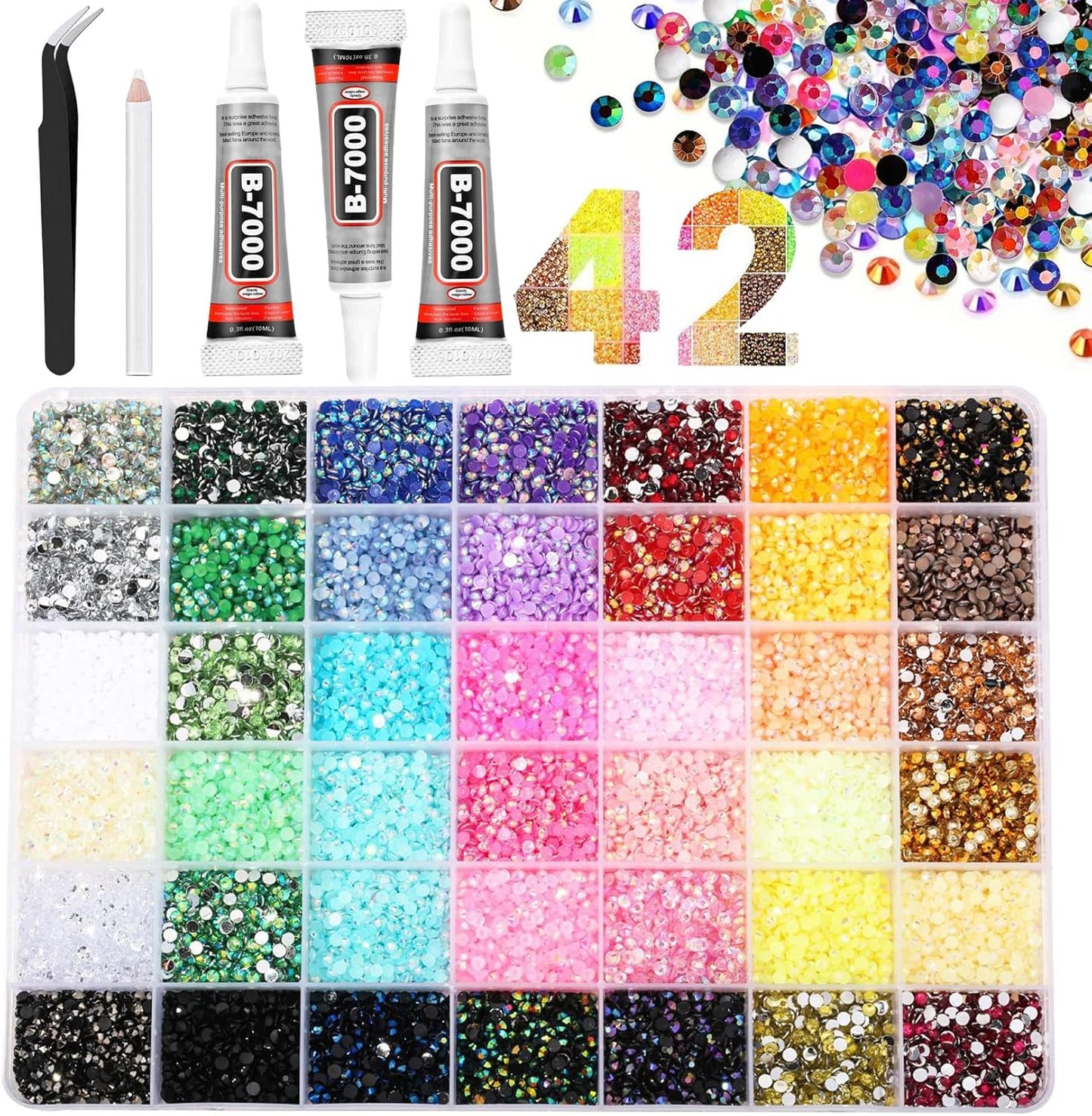 42 Colors Resin Jelly Rhinestones - 32000Pcs Flatback Gems Bedazzler Kit with Glue, Tweezer & Pickup Pen for Nail Art | DIY Crafts, Phone Cases