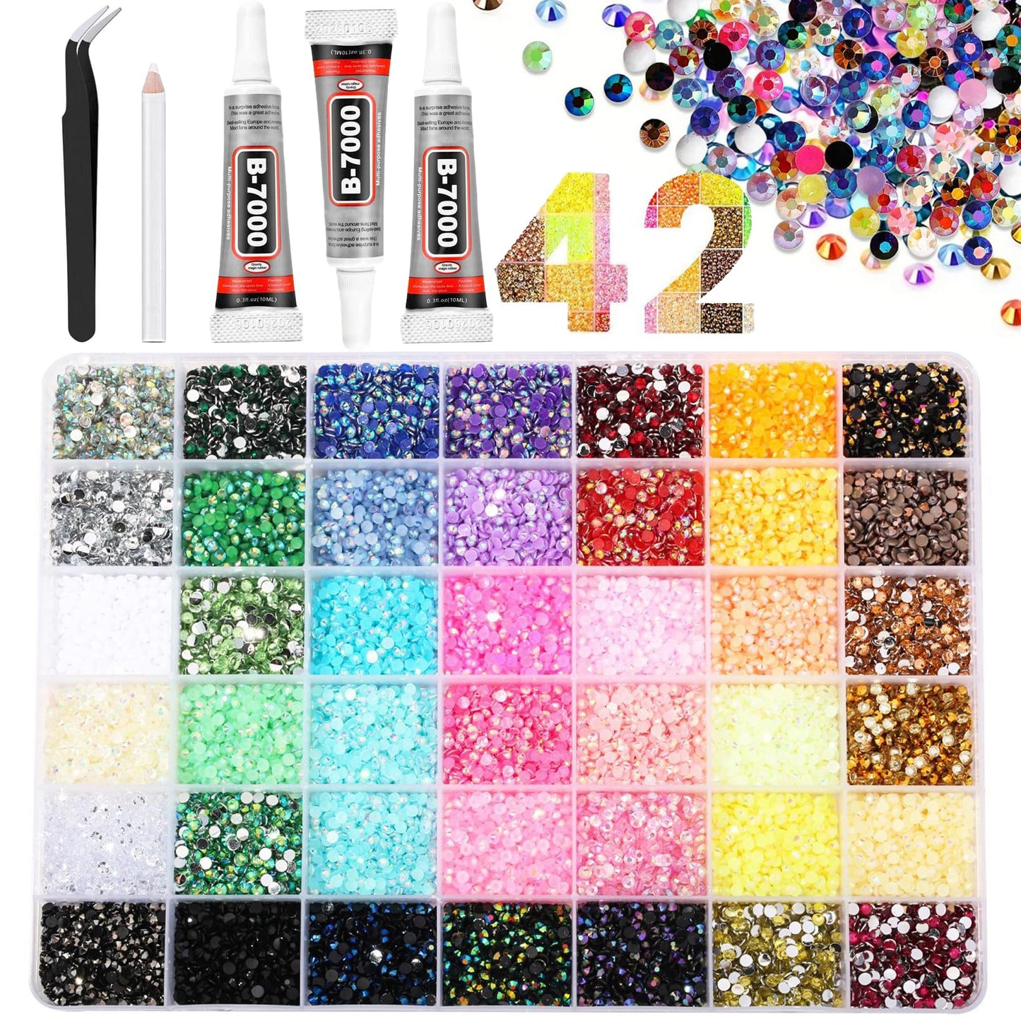 Ayzololo 42 Colors Resin Jelly Rhinestones for Bedazzling, 3mm 32000Pcs Flatback Gems Bedazzler Kit, Tweezer & Pickup Pen for Nail Art, DIY Crafts, Phone Cases