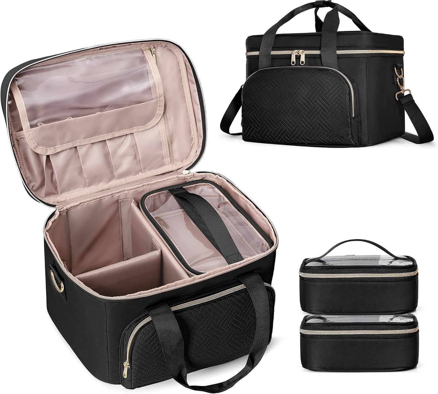 Travel Makeup Bag - Large Cosmetic Organizer with 2 Pouches & Adjustable Dividers | Pink