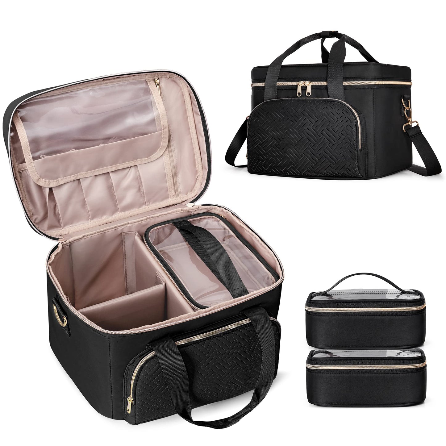 Prokva Travel Makeup Bag with 2 Pouches and Adjustable Dividers, Large Cosmetic Case Make up Organizer for Women Fits Bottles Vertically, Black (Patented Design)