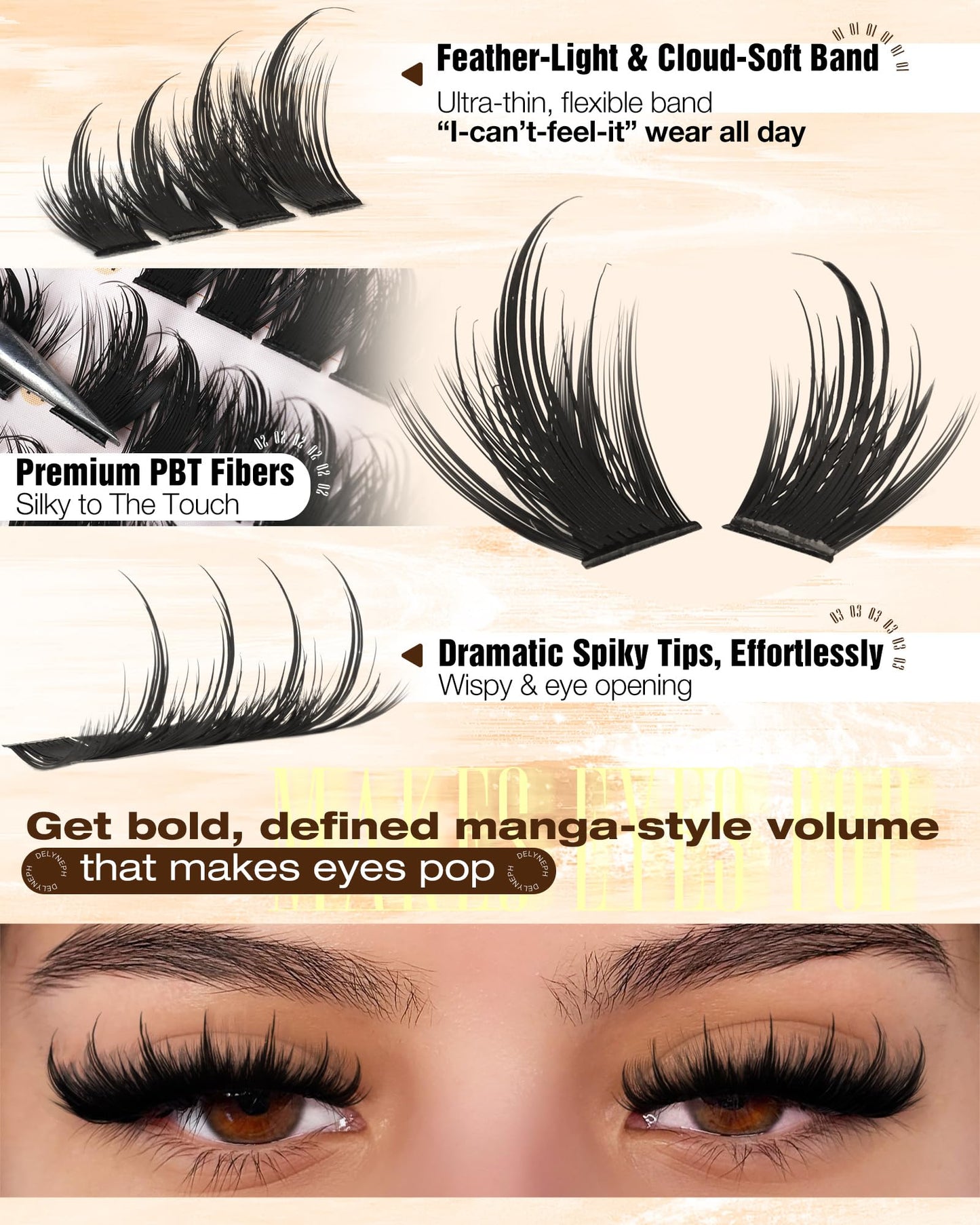 Manga Lash Clusters with Spikes Anime Eyelash Clusters Spiky Wet Cluster Eyelash Extensions Wispy Lashes Clusters Soft Thin Band Individual Lashes Clusters by Delyneph
