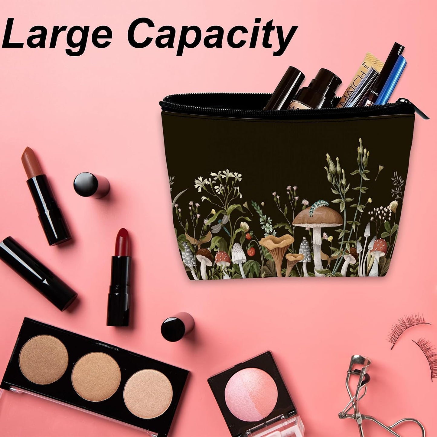 Cosmetic Bag - Mushroom Print Makeup Organizer for Women | Water-Resistant Travel Pouch 9.5x5.9 Inch