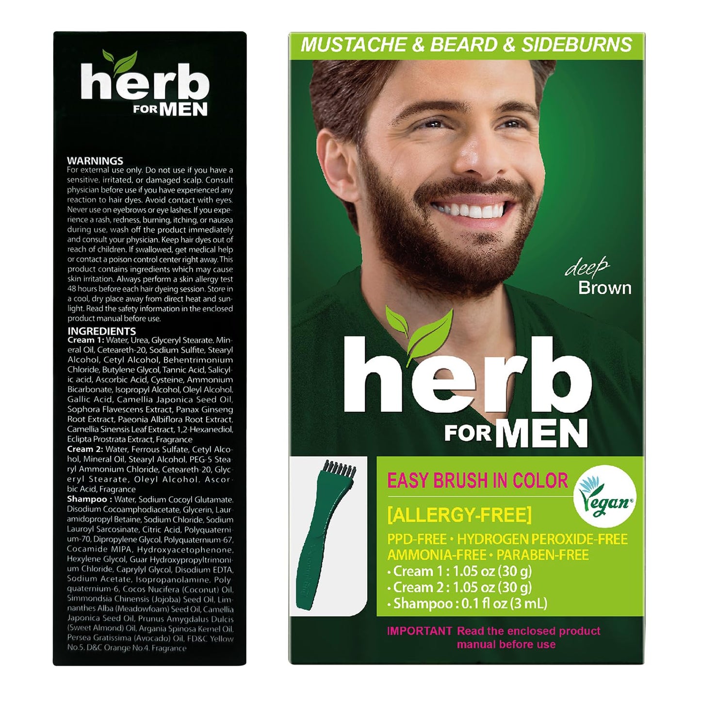 Herb For Men Mustache & Beard Dye (Deep Brown, 1 Pack), PPD-Free Ammonia-Free, Vegan with Natural Ingredients, Gentle for Sensitive Skin, No Skin Irritation