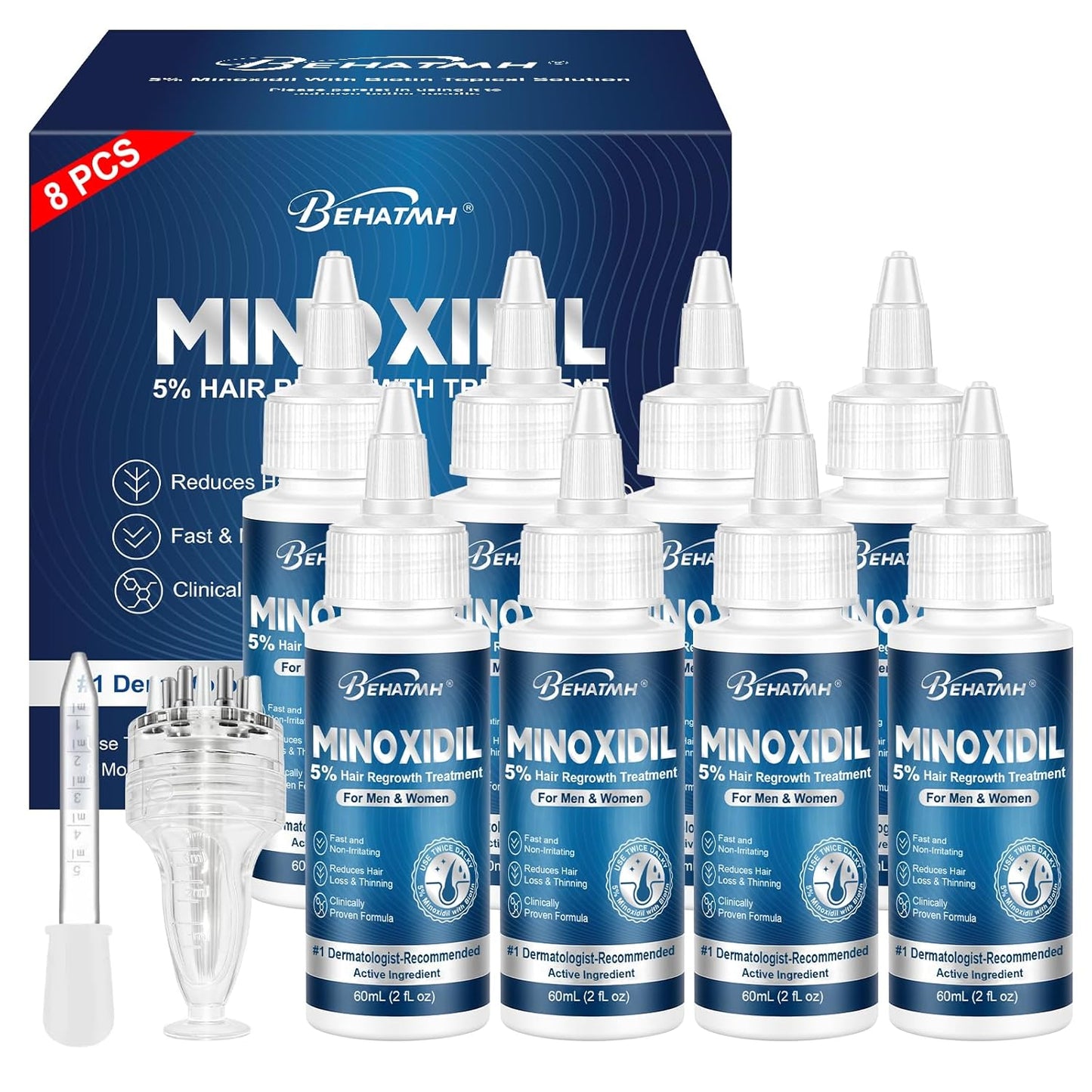 Minoxidil Hair & Beard Growth Serum - 5% Formula with Biotin & Castor Oil | 8-Pack for Thicker, Fuller Hair