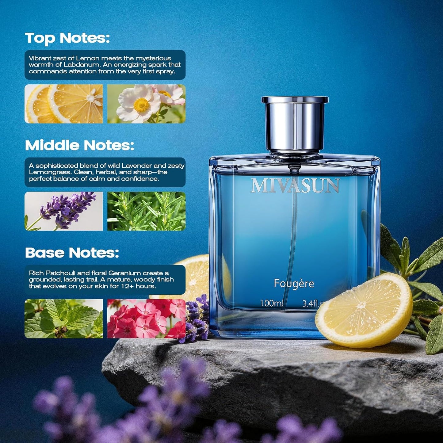 MivaSun Luxury Cologne for Men - Long Lasting Woody Aromatic Fragrance | 100ml Eau de Parfum with Lemon, Cedarwood & Patchouli