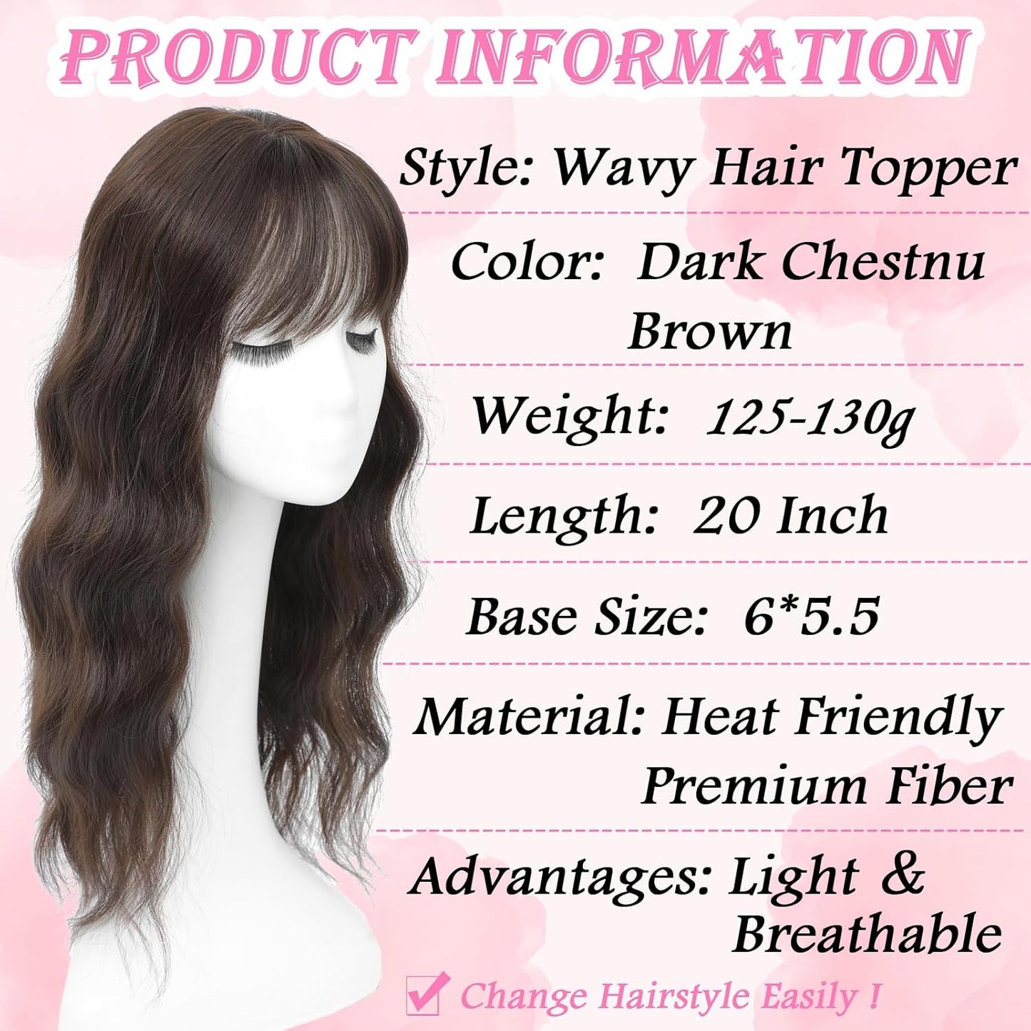Hair Toppers for Women - 20 Inch Hand-Tied Curly Clip-In Wiglets | Dark Chestnut Brown, Wispy Bangs