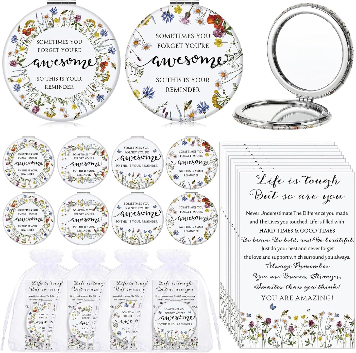 Inspirational Compact Mirror Set - 12 Mini Double-Sided Folding Mirrors | Perfect Gift for Nurses, Teachers & Coworkers (Wildflower)
