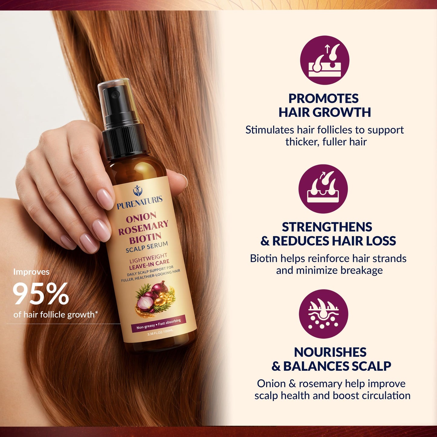 Onion Rosemary Biotin Hair Care Set – Sulfate Free Shampoo, Conditioner & Scalp Serum – Helps Strengthen Hair, Reduce Breakage & Support Fuller, Thicker-Looking Hair – 3 Piece Set