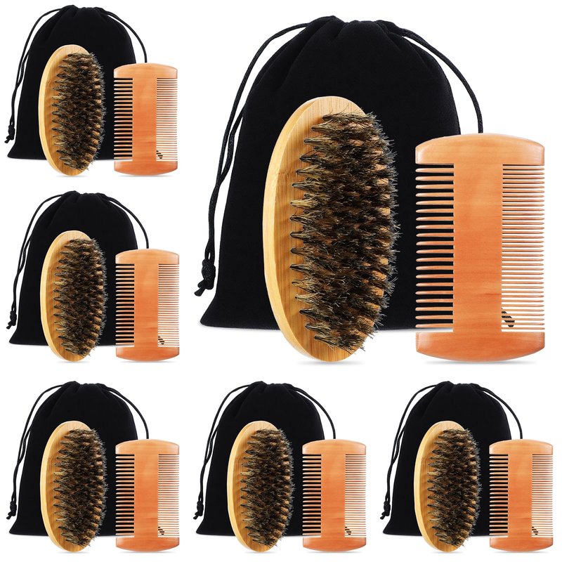 6 Sets Grooming Kit for Men - Natural Boar Bristle Brush, Pear Wood Dual-Sided Wide Tooth Comb, and Travel Pouch (Oval Shape) for Beard Care
