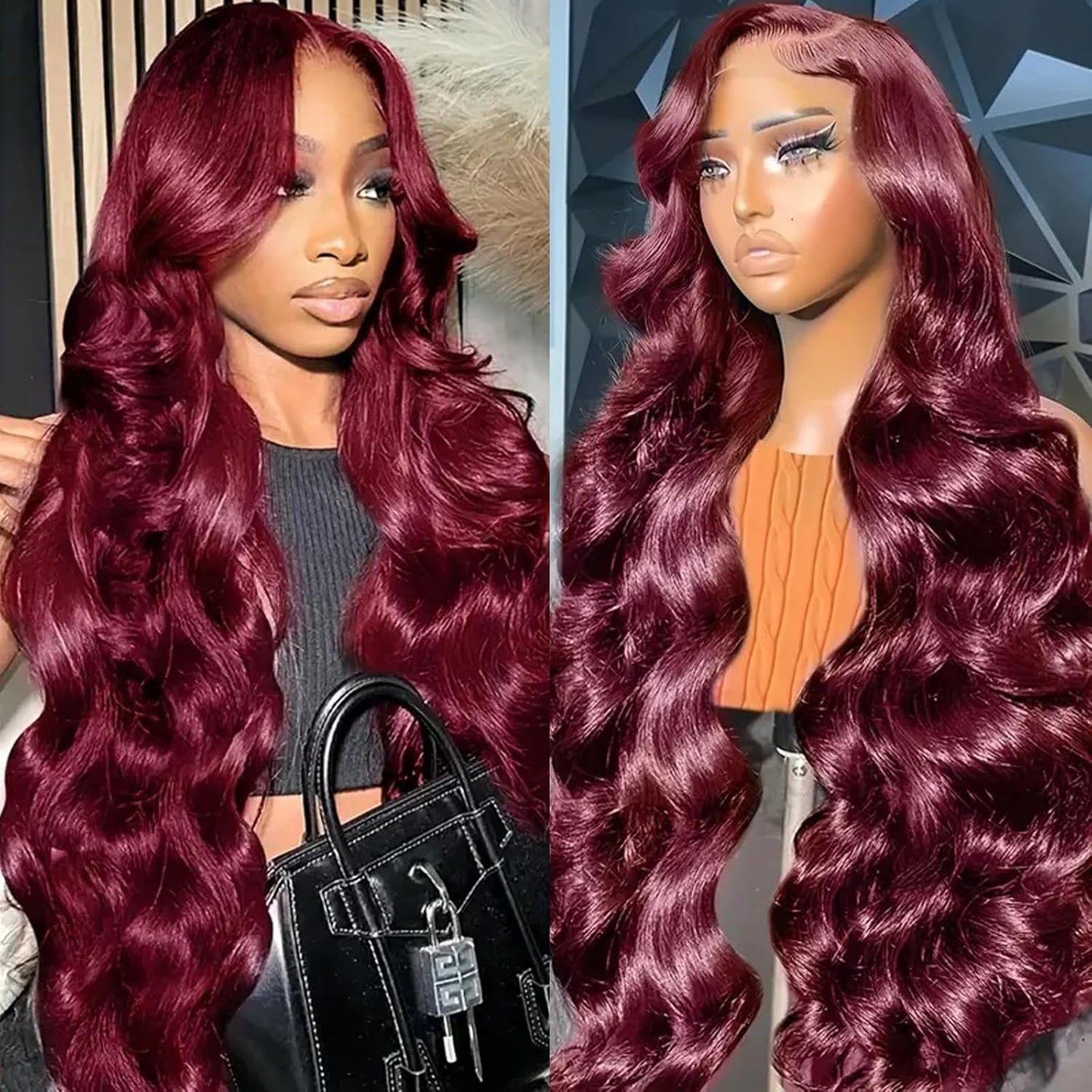 32-Inch Water Wave Red Human Hair Wig - 99J Burgundy Lace Front | Deep Wave 13x6 HD Curly Wig for Women