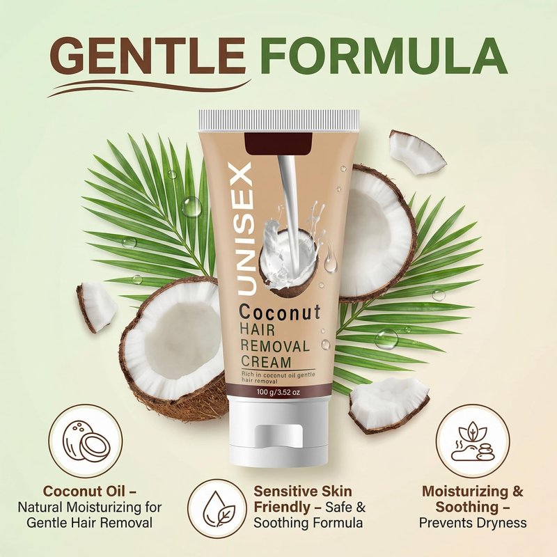 Grospe Coconut Hair Removal Cream for Men & Women, Painless Body Depilatory Cream for Sensitive Skin, Gentle Hair Remover for Face, Legs, Chest, Back and Bikini Area, 3.52 oz