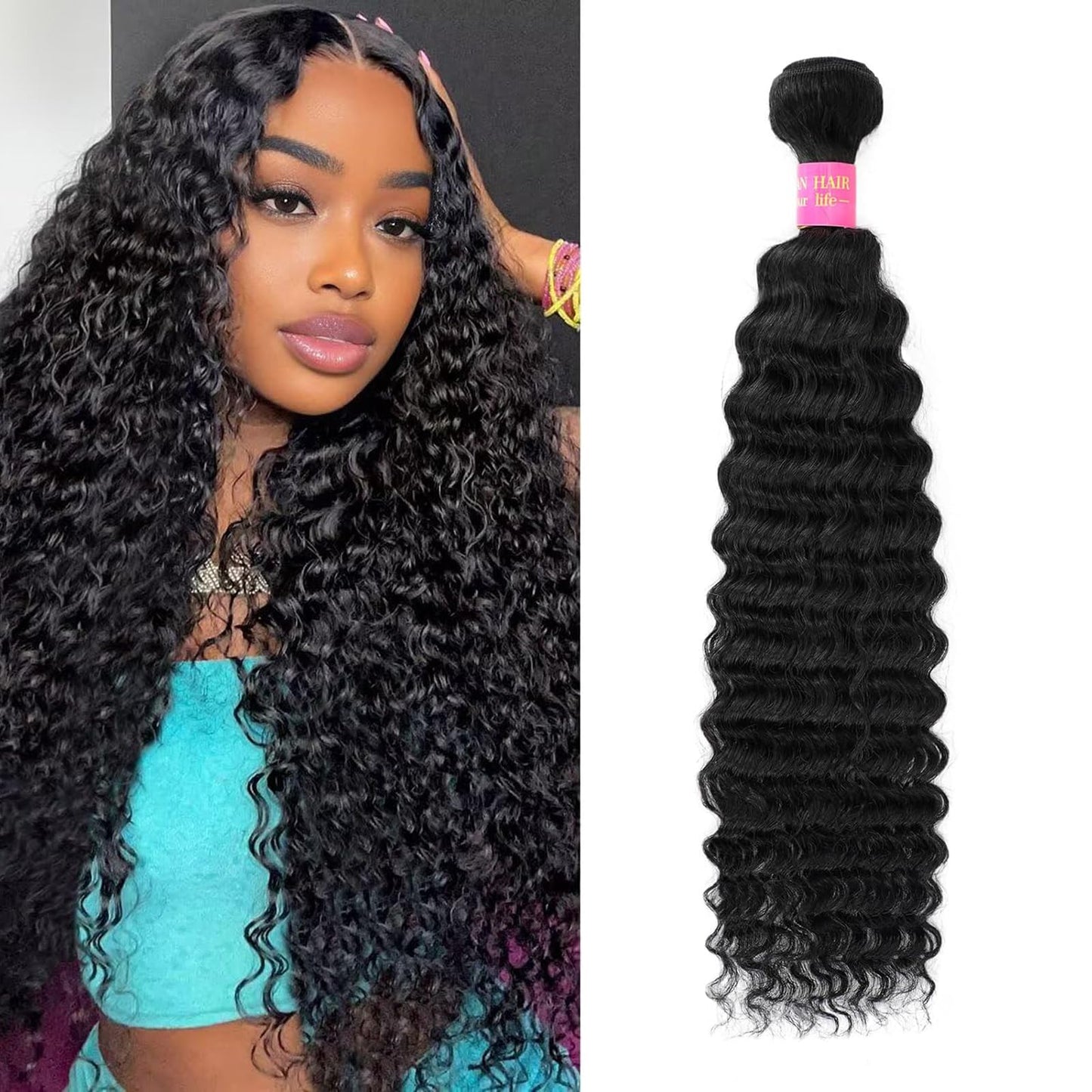 12A Deep Wave Human Hair Bundles 28 Inch Curly Bundles Human Hair 1 Bundles Human Hair 100% Unprocessed Brazilian Virgin Hair Extensions for Women Wet and Wavy Hair Bundle Weave Natural Black