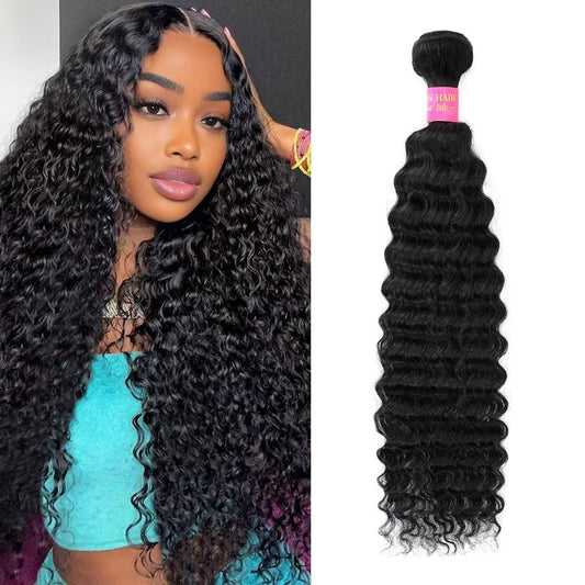 12A Deep Wave Human Hair Bundles 28 Inch Curly Bundles Human Hair 1 Bundles Human Hair 100% Unprocessed Brazilian Virgin Hair Extensions for Women Wet and Wavy Hair Bundle Weave Natural Black