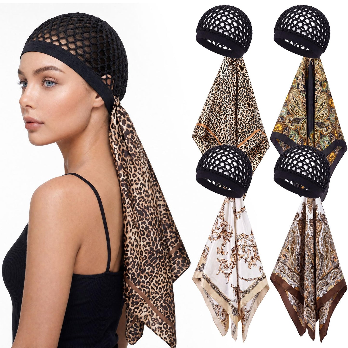 Funnysoft 4 Pack Wrap Cap Hair Net with Scarf 2 in 1 Heatless Satin Silk Press Doobie Hair Wrap Cap Non-slip Soft Mesh Bonnet for Sleeping Scarf Shower Caps