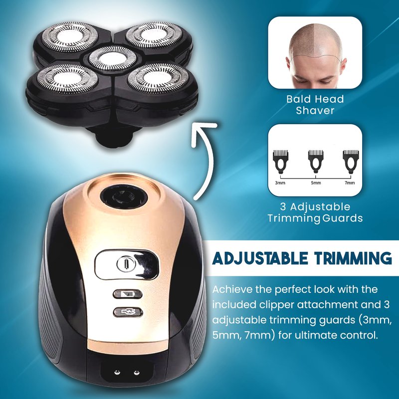 The Perfect Part 5-in-1 Rotary Electric Razor Bald Head Shaver | 4D Rechargeable and Cordless Beard Trimmer | Includes Skull Shaver, Clippers, Nose Hair Trimmer, Face Scrubber & Facial Cleansing Brush