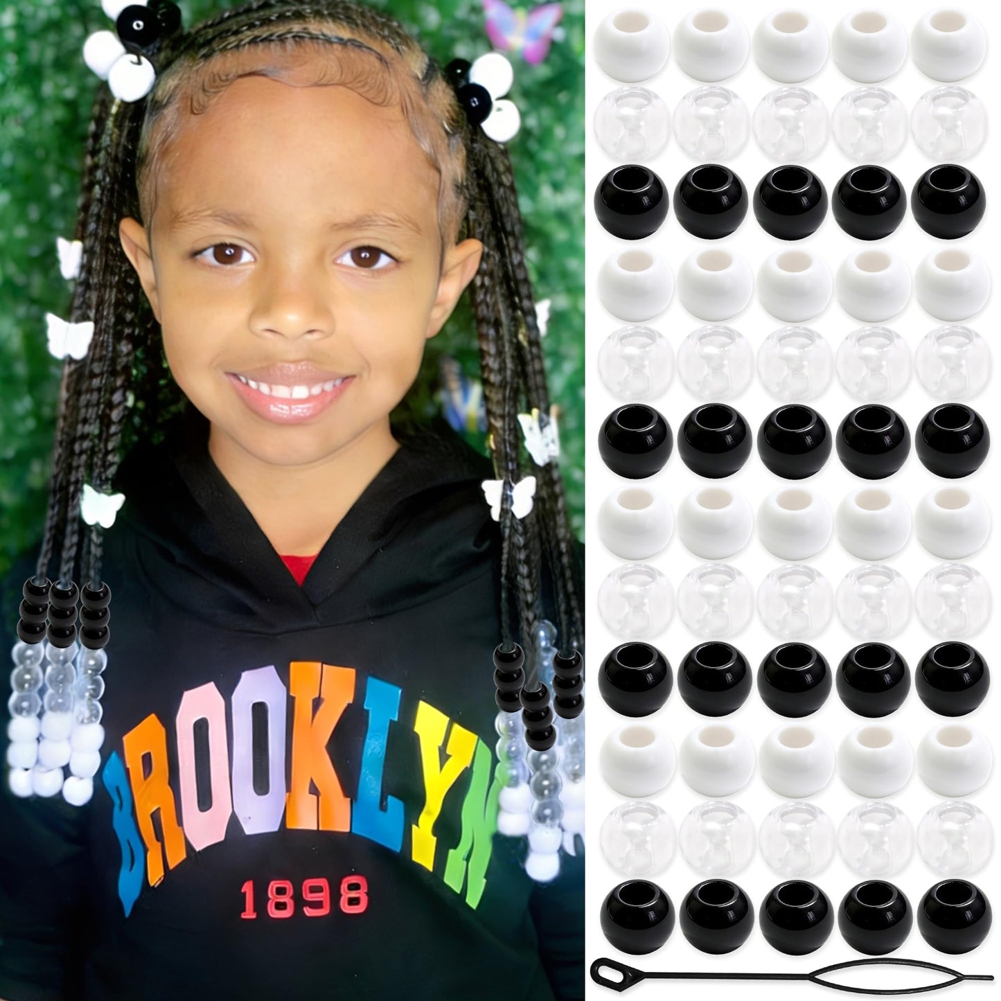 NAISKA 60PCS Black Hair Beads Clear Braids Beads Acrylic Round Loc Bead White Large Hole Dread Bead Versatile Dreadlock Accessories for Unisex