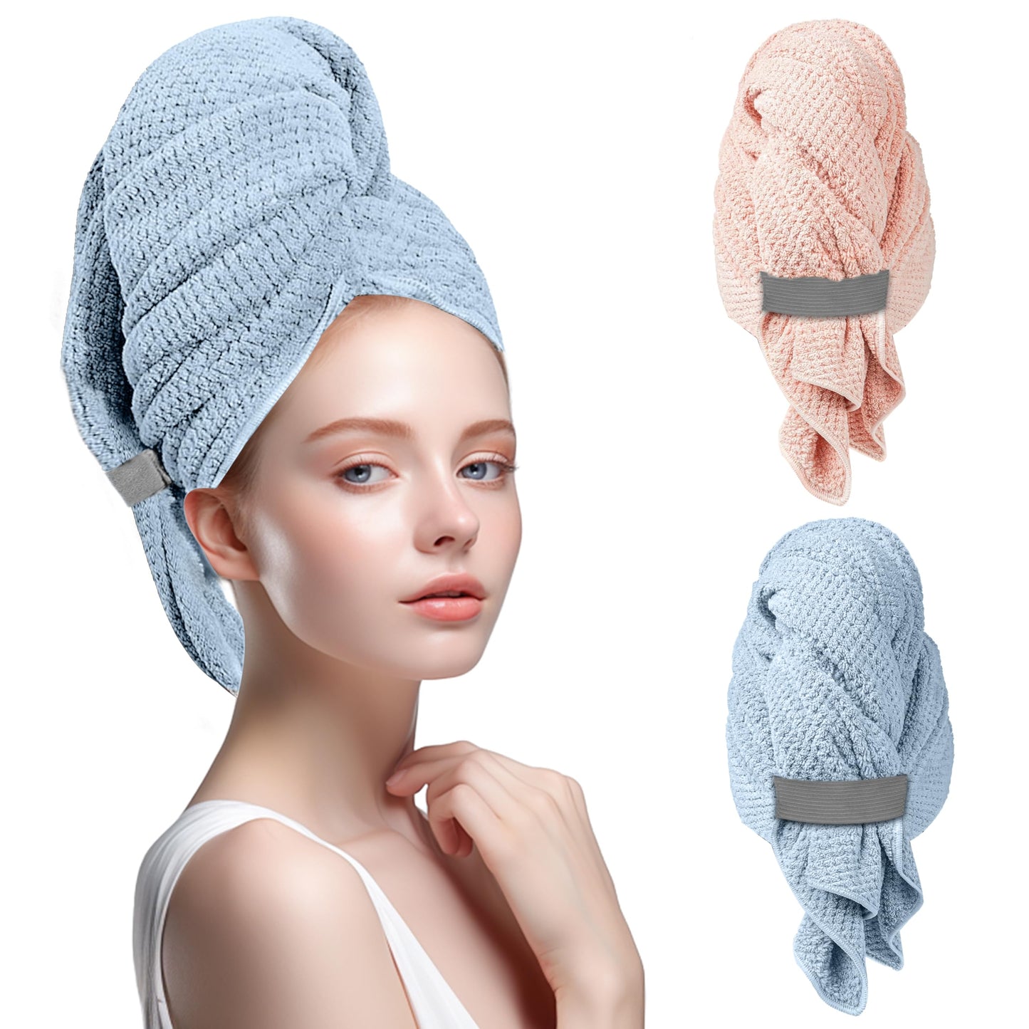 FUFUSING 2-Pack Microfiber Hair Towel - 39" x 24" Super Absorbent, Fast Drying Hair Towel Wrap for Women Long, Curly Hair - Turbans with Elastic Strap for Morning Routine & Makeup