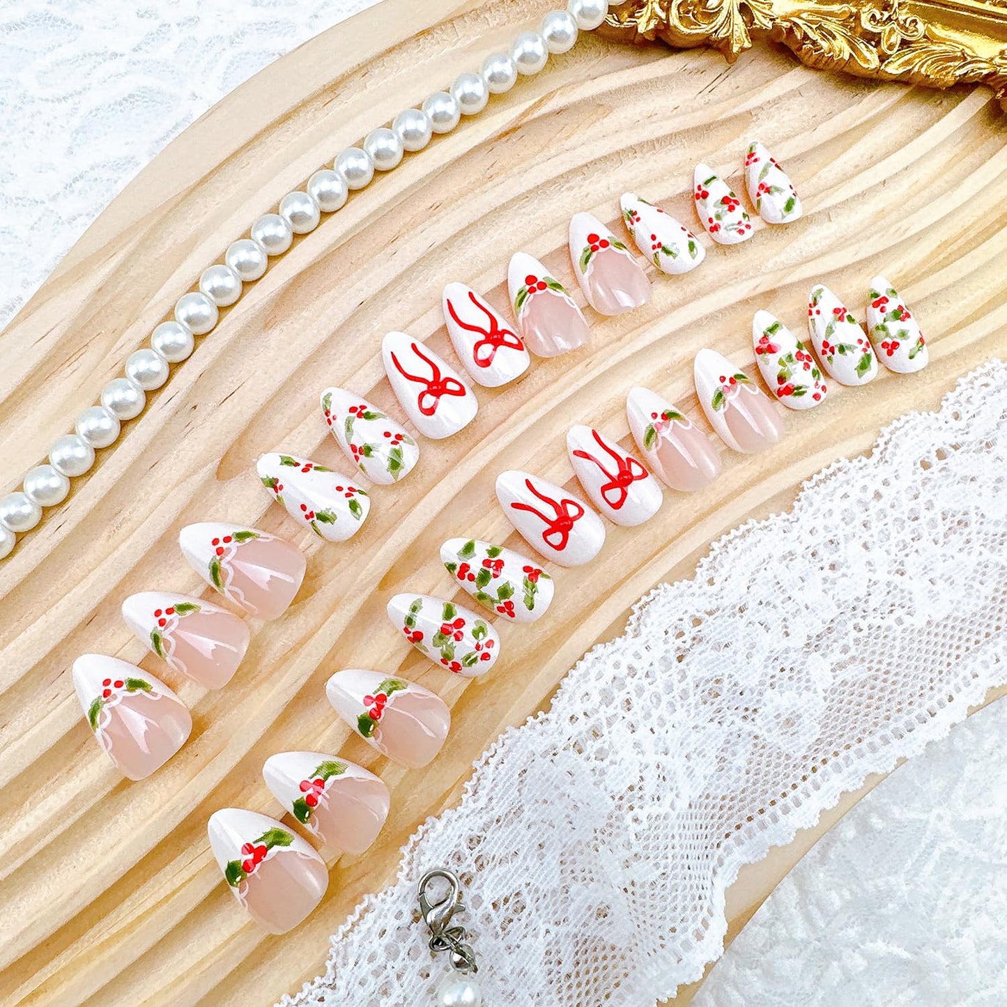 Christmas Press-On Nails - 24Pcs Short Almond Acrylic Set with Holly & Bow Designs | Winter White French Tips