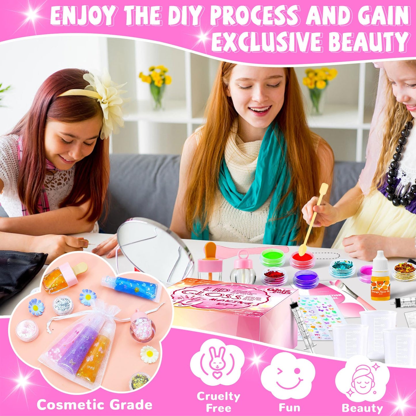 WhizToys 74PCS DIY Lip Gloss Making Kit，Make Your Own Lip Glosses Moisturizing DIY Glaze Handmade Glittery Set for Teens Girls Women Makeup Lover Beginner Birthday Gift