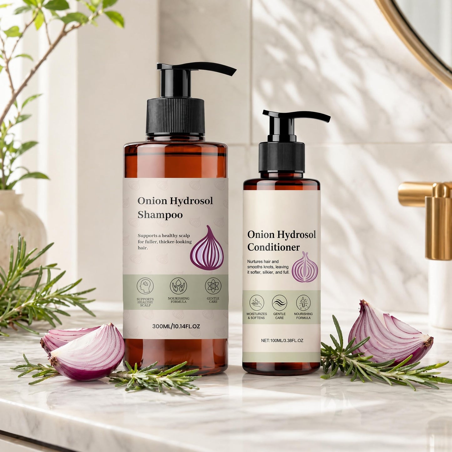 Onion Hydrosol Based Shampoo and Conditioner Set for Hair Growth, With Rosemary & Biotin, Strengthens Weak Hair, Adds Volume & Shine, Safe for All Hair Types, Men & Wome (2 Bottles)
