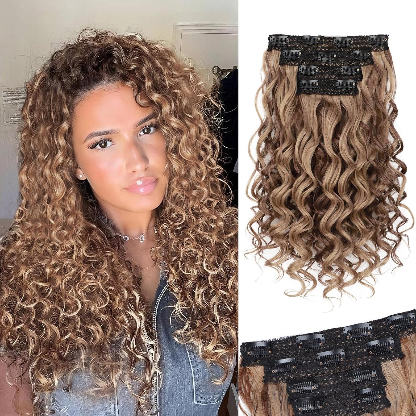 Curly Clip-In Hair Extensions - 20 Inch Thick Natural Synthetic Hairpieces | 4PCS Black
