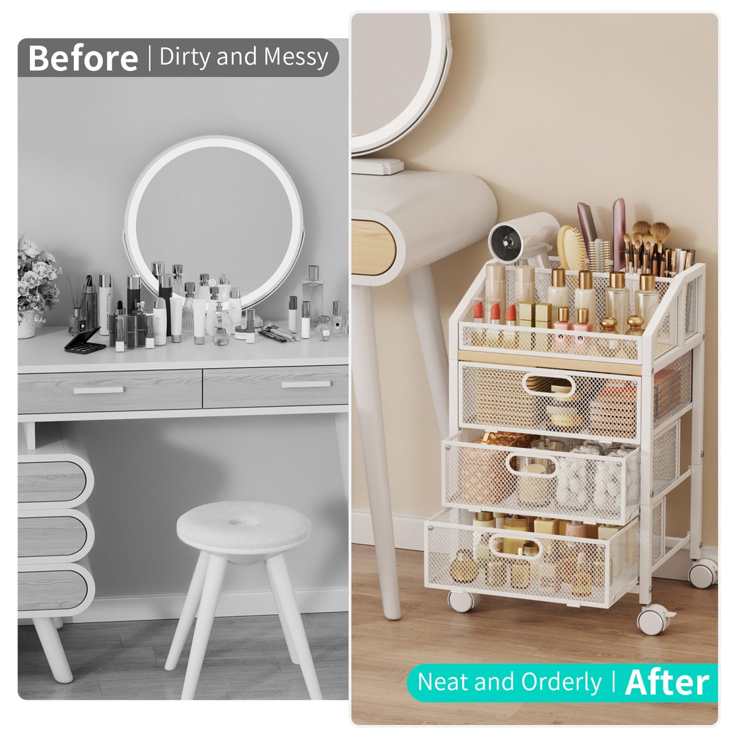HapiRm Rolling Makeup Cart Organizer - Under Desk Makeup Storage with Wheels, Floor Make up Cart Skincare Organizers Desk Vanity Storage Organizer Cabinet for Cosmetics Makeup Brush Hair Tool, White