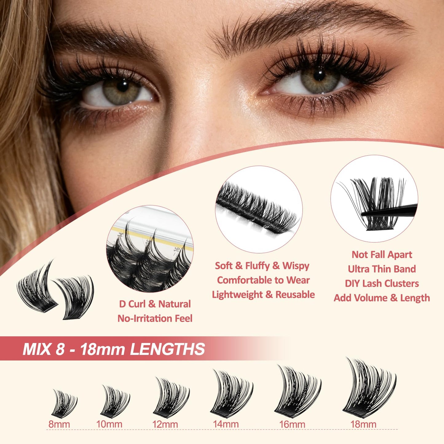 LAVONE Lash Clusters Kit, 168Pcs Waterproof D Curl 8-18mm Individua Lashes
