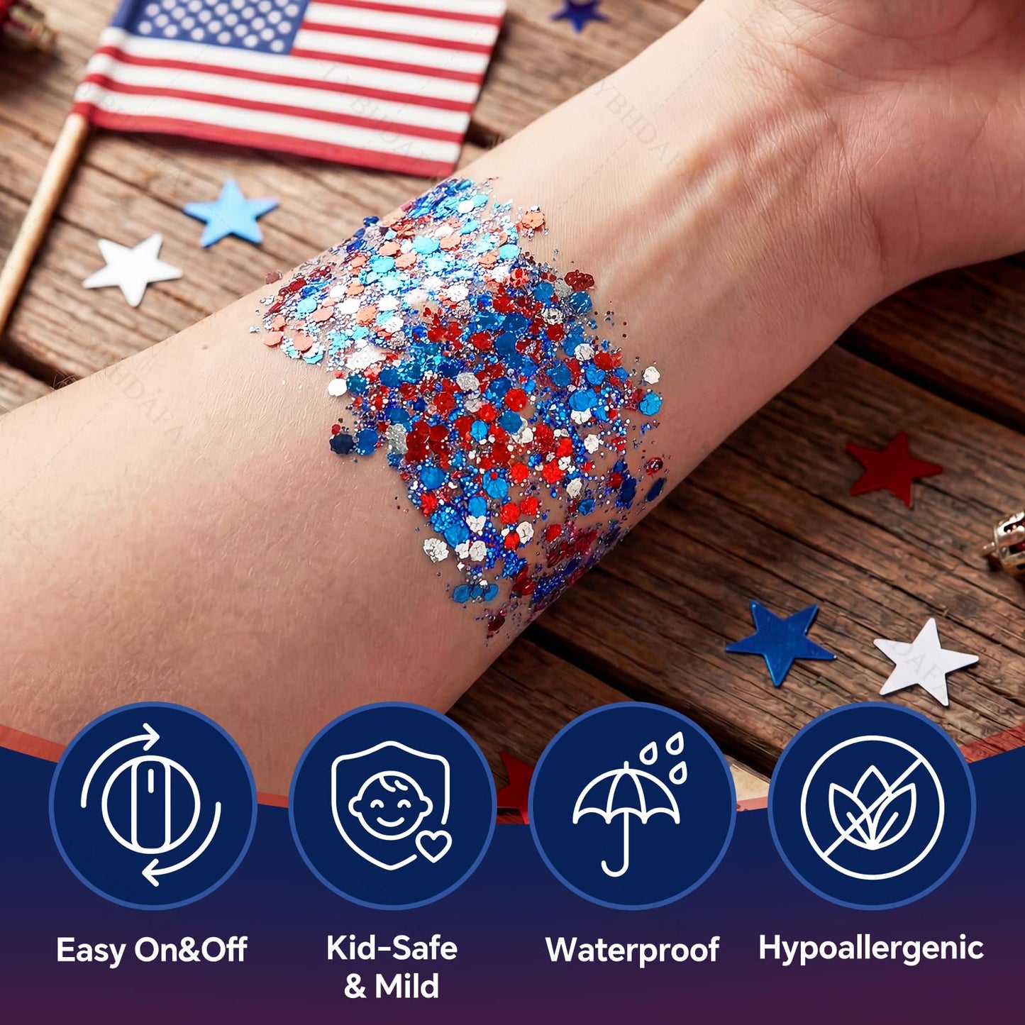 4th of July Glitter Stick | Patriotic Red White and Blue Glitter Stick for Face Body Hair, Fourth of July Accessories & Outfits for Women, USA Flag Makeup for American 250 Anniversary & Memorial Day