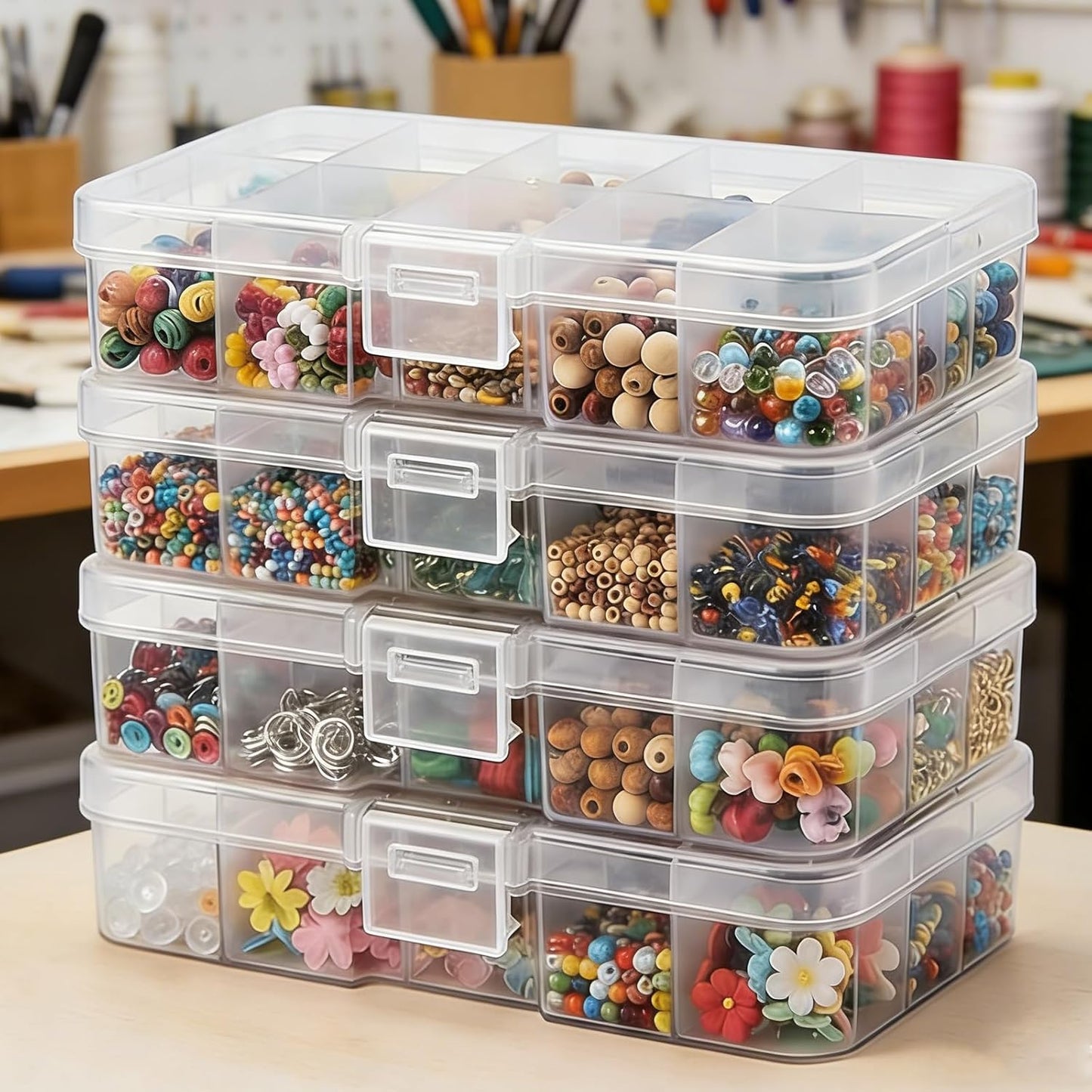 Stackable Plastic Organizer Boxes - 4-Pack Jewelry & Craft Storage Case | Waterproof Bead, Nail & Tackle Holder (Orange)