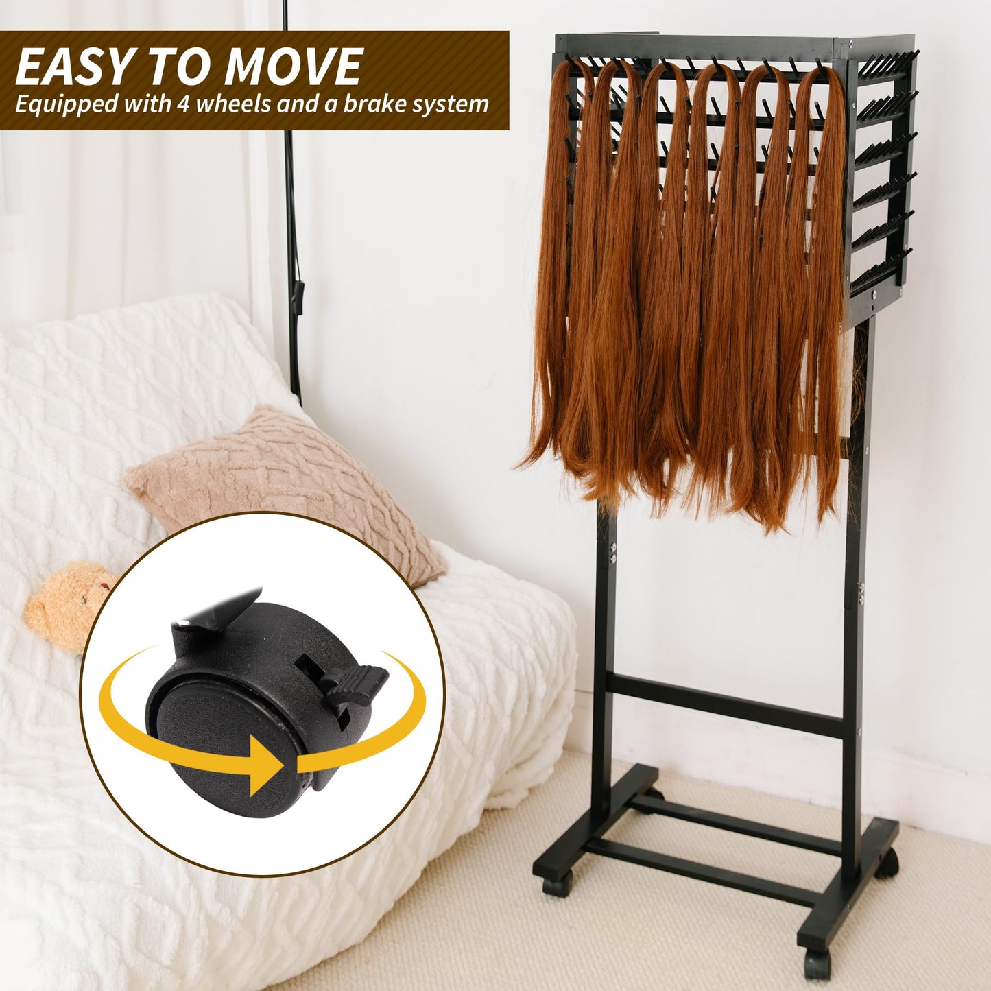 GENMOUS Black Braiding Hair Rack - 150 Pegs, Tri-Sided Braid Rack with 4 Wheels and Large Storage Shelf, for Braiders Standing Home,Hair Separator Stand for Hairstylists