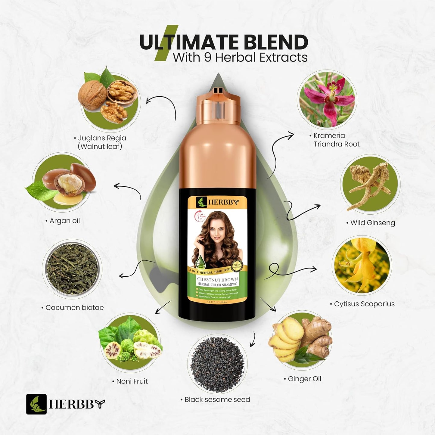 Gray Hair Coverage Shampoo & Conditioner - 9 Herbal Extracts for Long-Lasting Color | Chestnut Brown, 500 ml