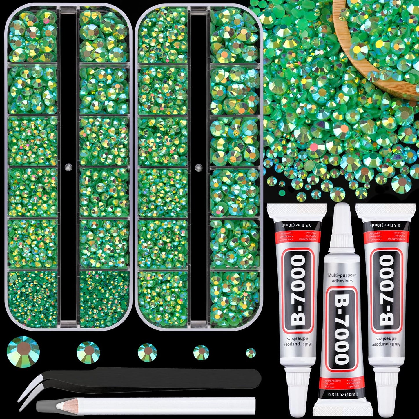 32000 Pcs Black Rhinestones - Flatback Resin Gems for Bedazzling | Jewelry Glue & Tweezers Included