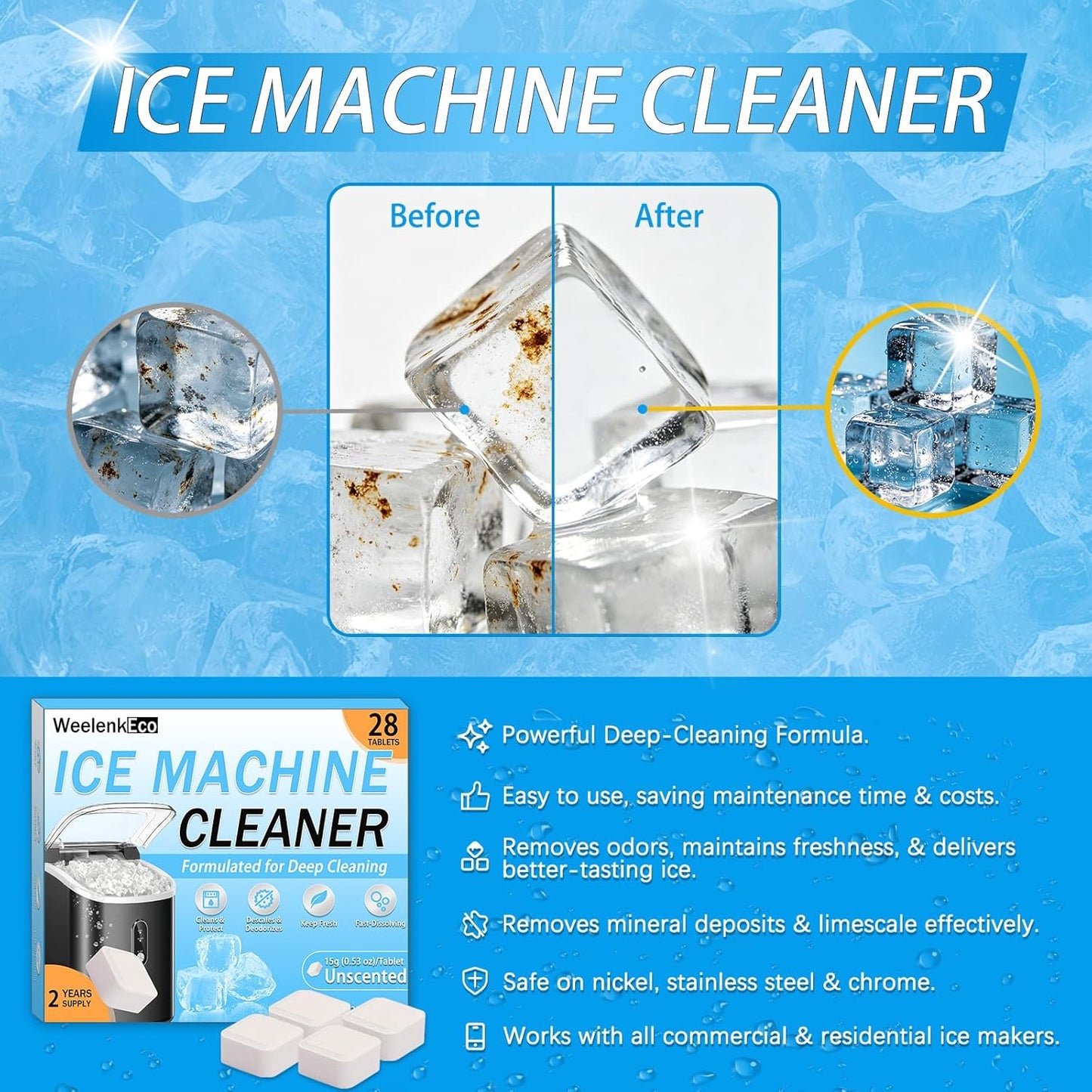 Ice Machine Cleaner Tablets - 28 Large Nickel-Safe Descaler | Universal for All Ice Makers