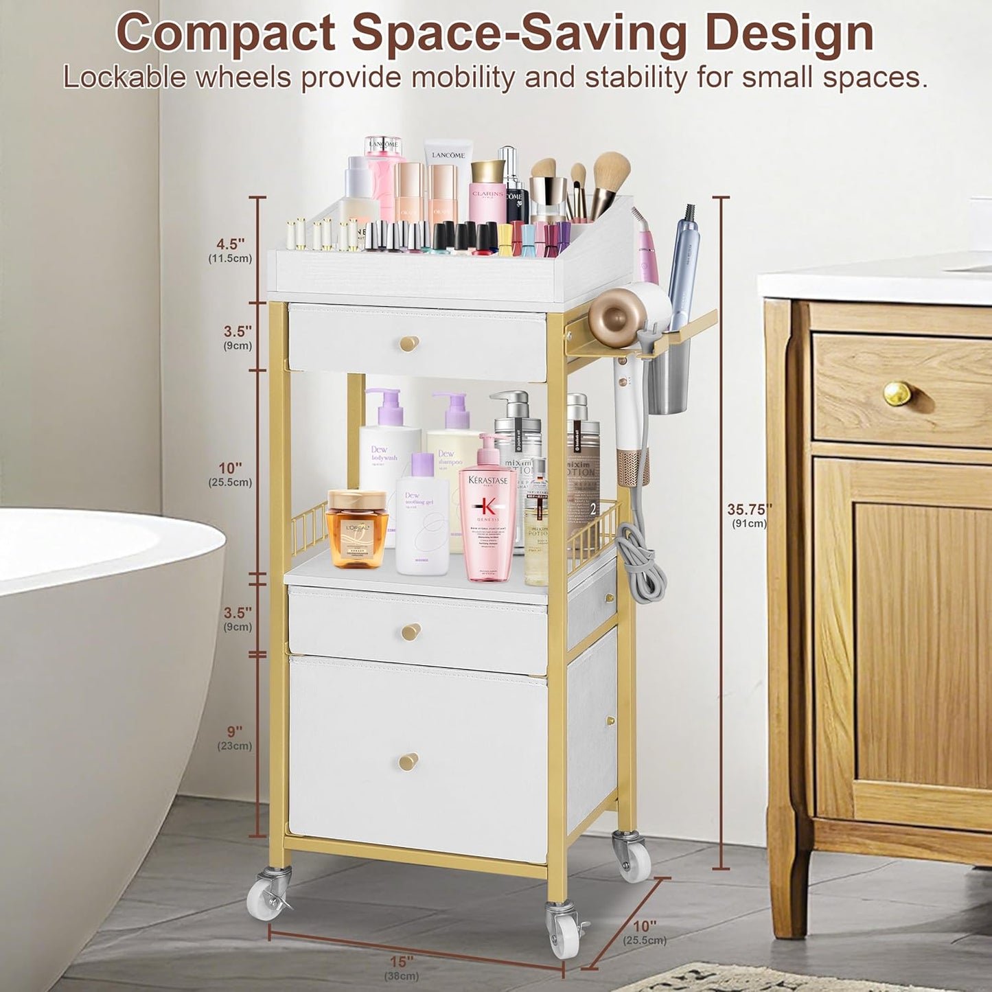 Makeup Organizer Cart - Rolling Vanity Storage with 3 Drawers & Adjustable Dividers | Gold & White
