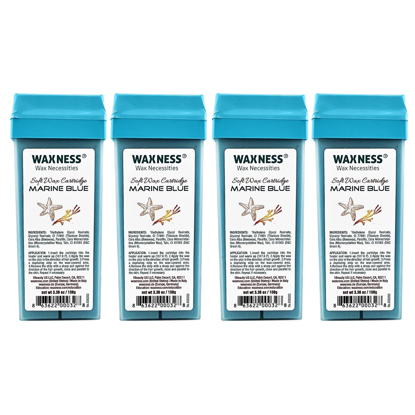 Waxness Soft Wax Cartridge Marine Blue – Pack of 4 × 3.38 oz (96 g) – Professional Strip Wax Roll-On for Face & Body – Made in Italy