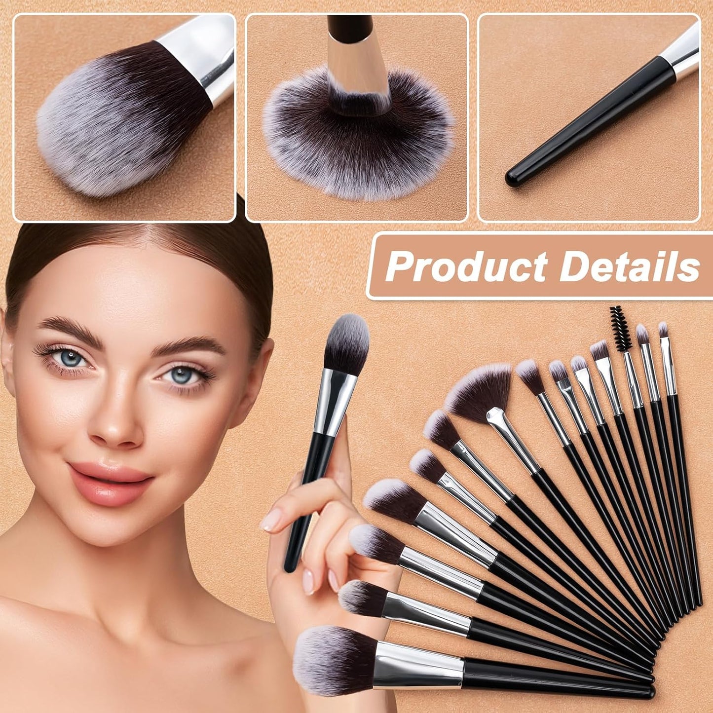 Professional Makeup Brush Set - 14 Pcs Eye & Face Brushes with PU Bag | Black