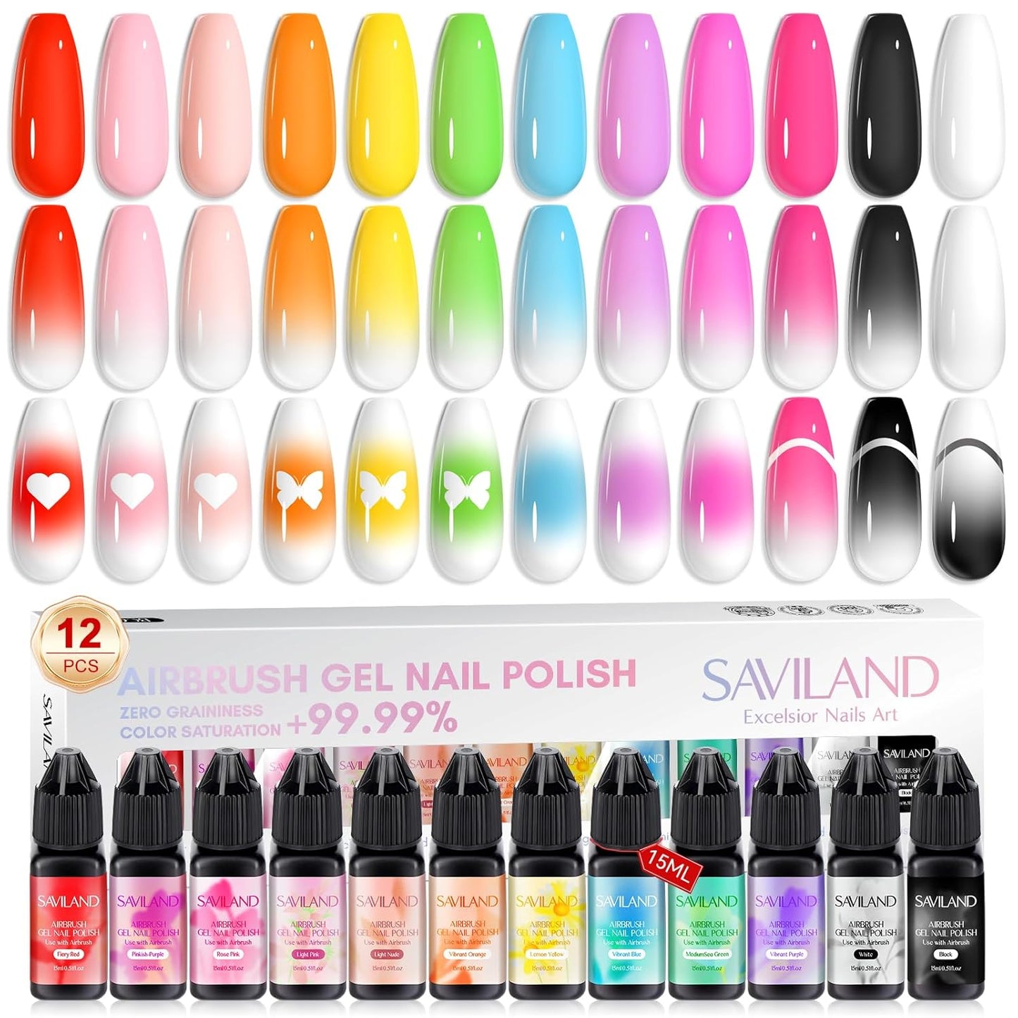 SAVILAND Airbrush Gel Nail Polish Set - Hema-Free, 12 Vibrant Colors | Non-Acetone for French & Ombre Nail Art