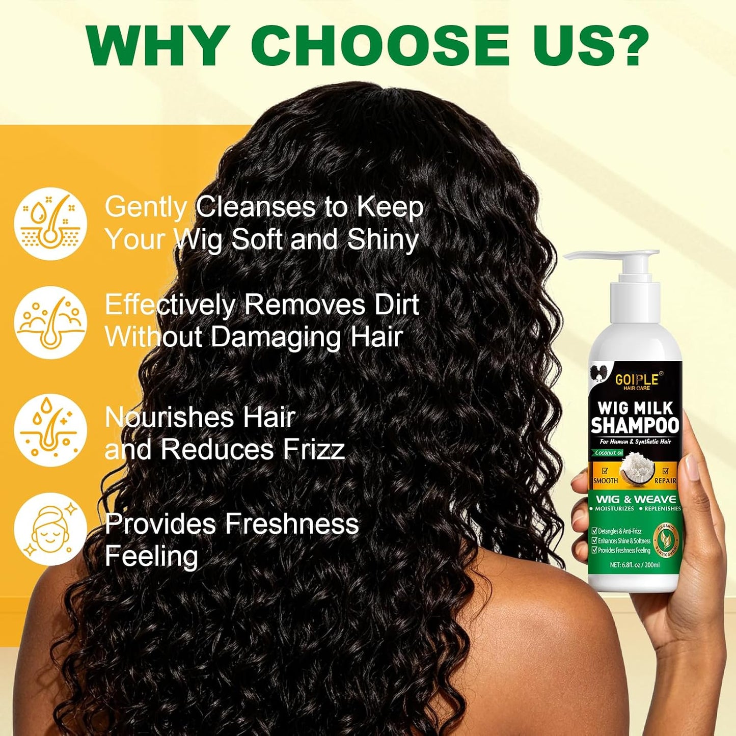Wig Shampoo for Human & Synthetic Wigs - Detangle, Hydrate & Add Volume | Anti-Frizz Formula for Easy Combing