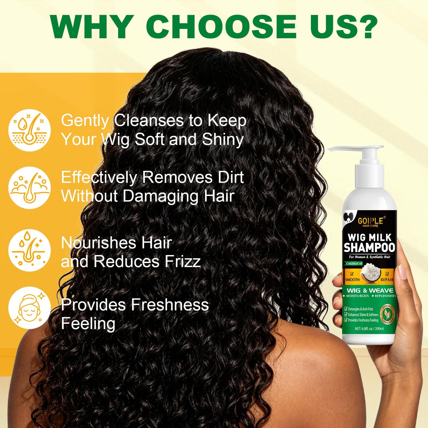 Wig Shampoo for Human & Synthetic Wigs Detangle and Anti-Frizz, Adds Body & Volume, Hydrates & Moisturizes, Promotes Silkiness & Shine, Easy Combing | Wig Shampoo for Synthetic Wigs Gently Cleanses