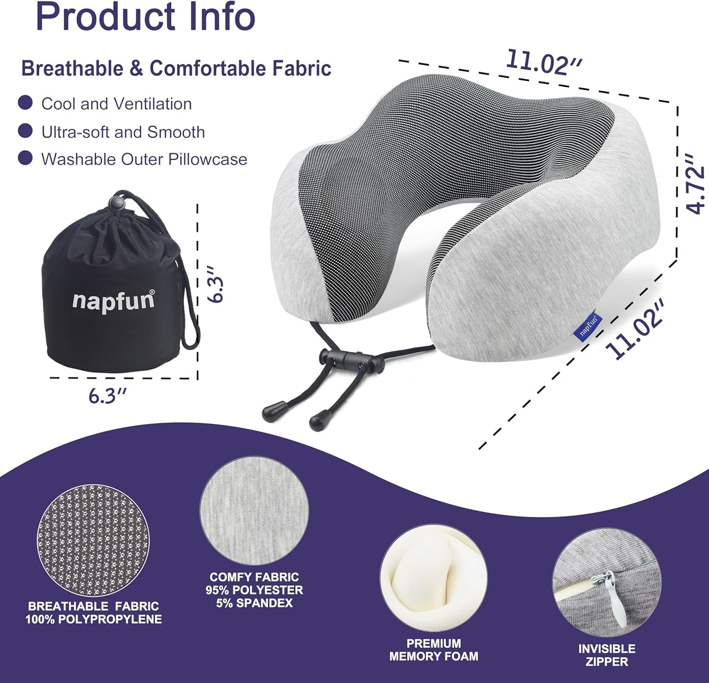 Napfun Travel Neck Pillow - Upgraded 100% Pure Memory Foam | Light Grey Comfort for Airplane Sleep