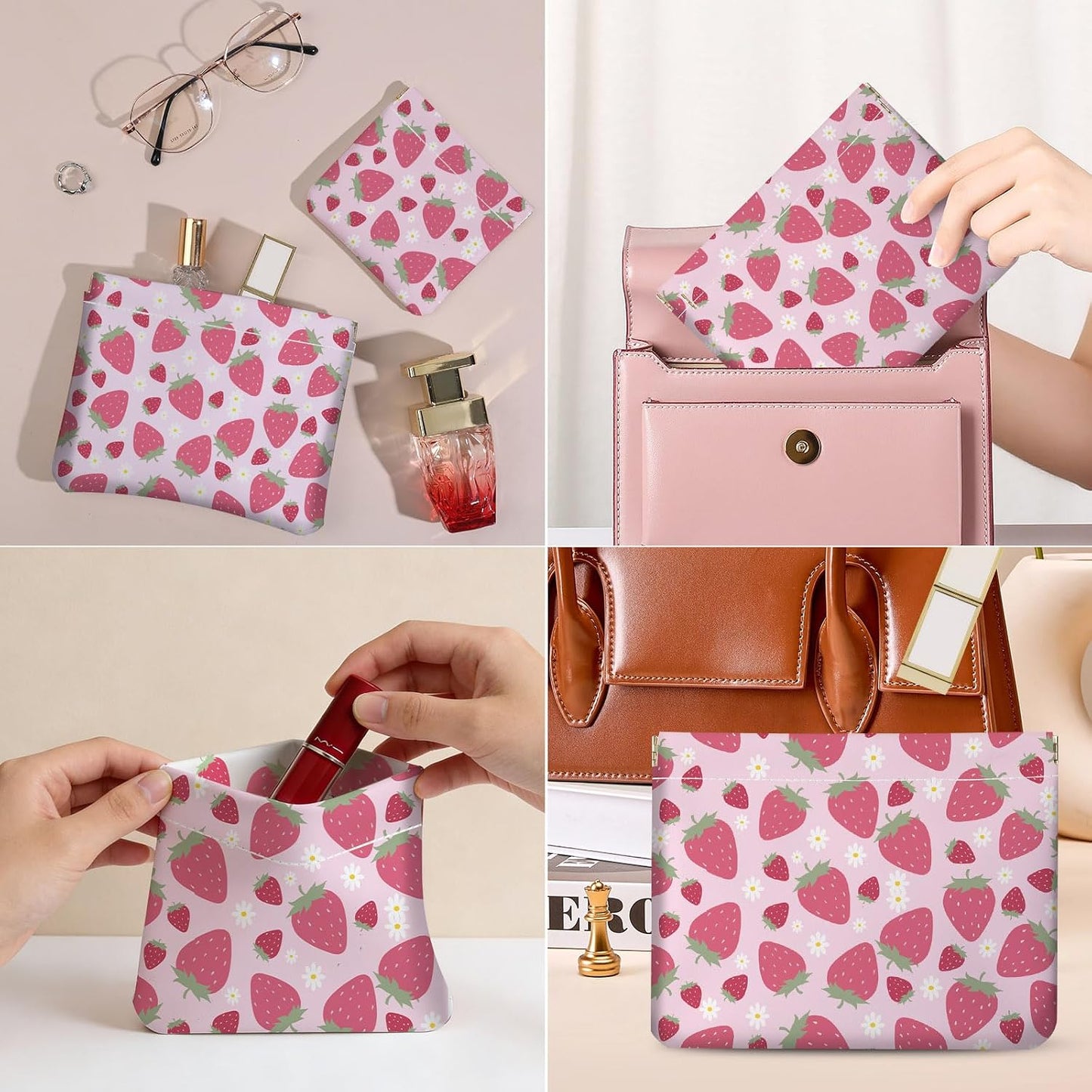 Makeup Bag Set - 2 PCS PU Leather Cosmetic Organizer for Women | Portable Self-Closing Pouch in Strawberry