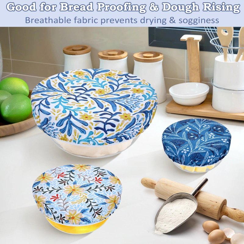 Revahope 5-Size Reusable Beeswax Bowl Covers for Bread Proofing, Cotton Cloth Flexible Beeswax Wraps for Food Storage(Blue Floral)