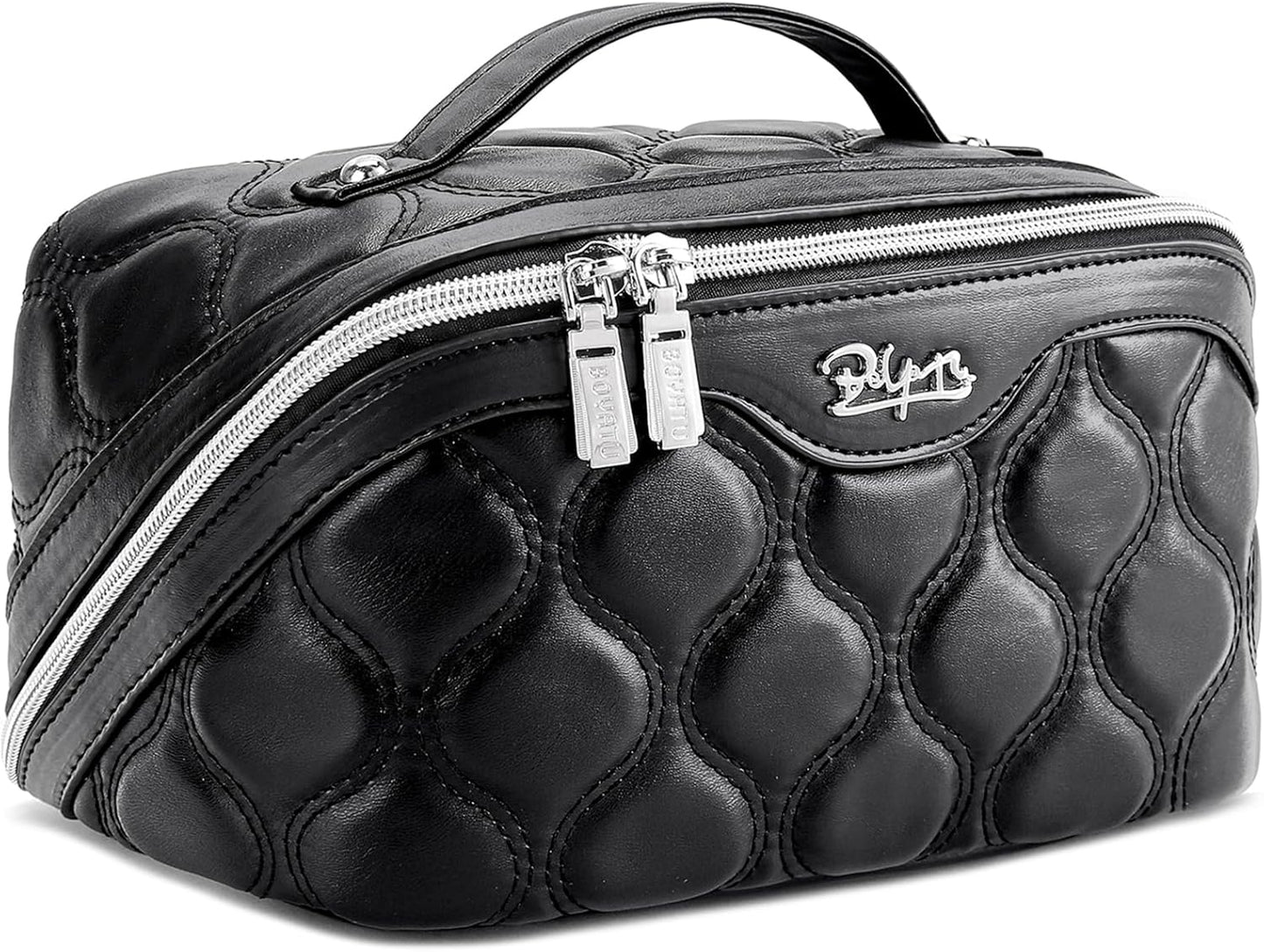 Travel Makeup Bag Set - Large Vegan Leather Cosmetic Organizer with Handle | 3 Pcs Portable Toiletry Bags in Coffee