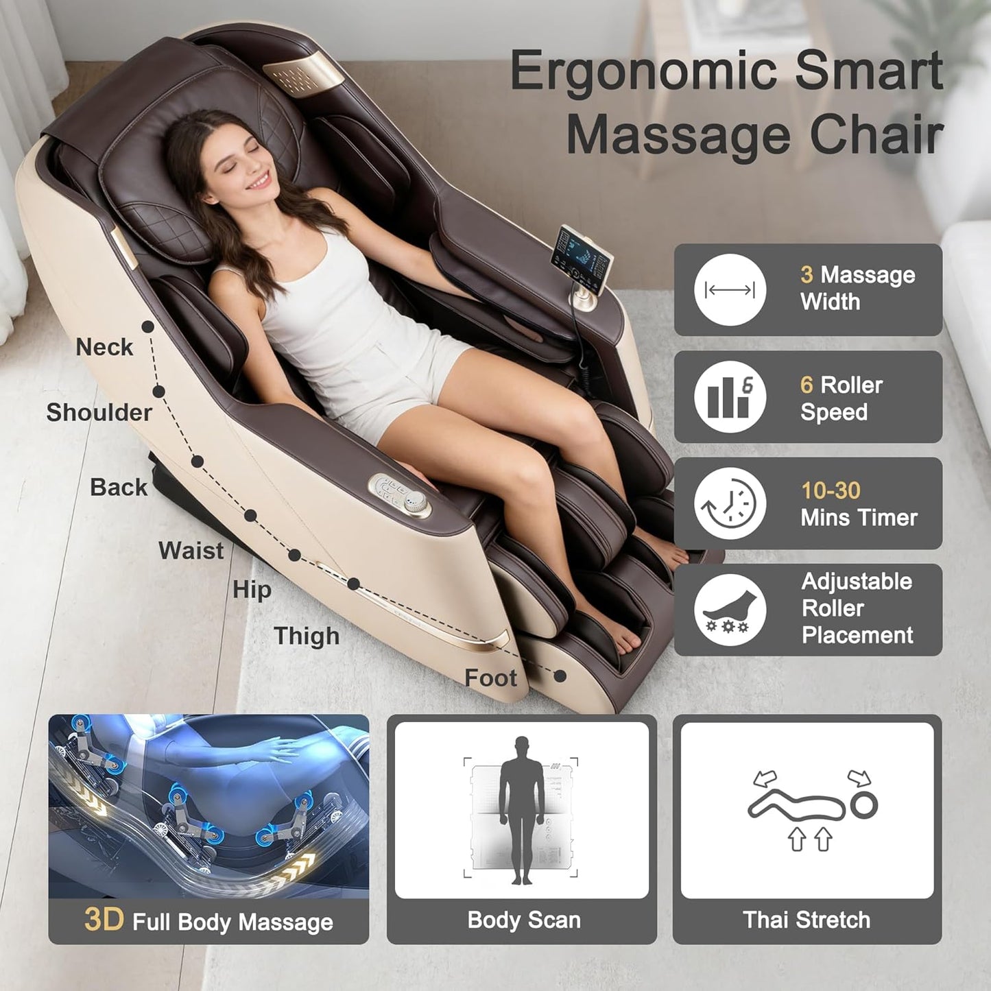 iBooMas Massage Chair - 2026 SL-Track Zero Gravity Shiatsu Recliner with 12+6 Modes & Heat Therapy | Beige & Brown