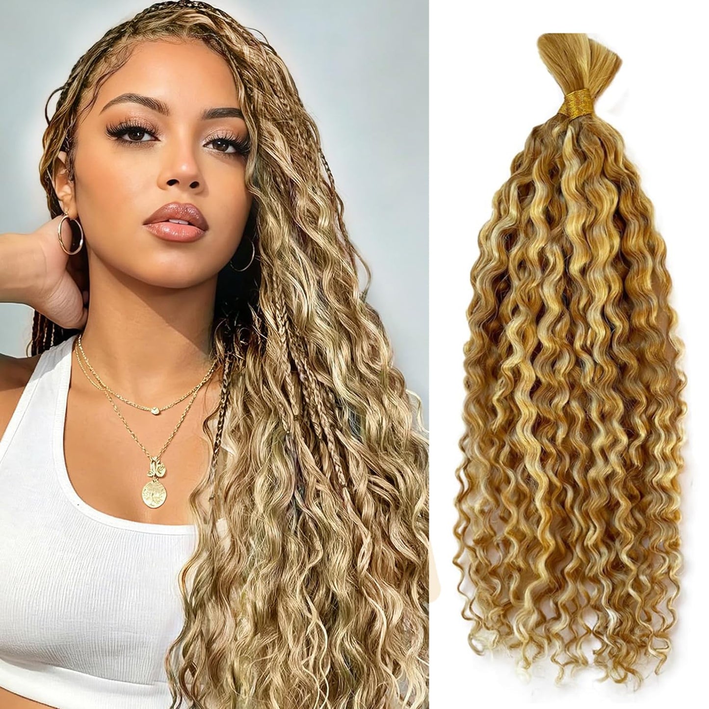 P27/613 Blonde Human Braiding Hair for Boho Braids 16 16 Inch 100g Deep Water Bulk Human Hair Knotless Boho Braiding Blonde Deep Curly No Weft Extensions 2 Bundles/Pack