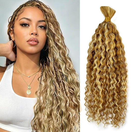 P27/613 Blonde Human Braiding Hair for Boho Braids 16 16 Inch 100g Deep Water Bulk Human Hair Knotless Boho Braiding Blonde Deep Curly No Weft Extensions 2 Bundles/Pack