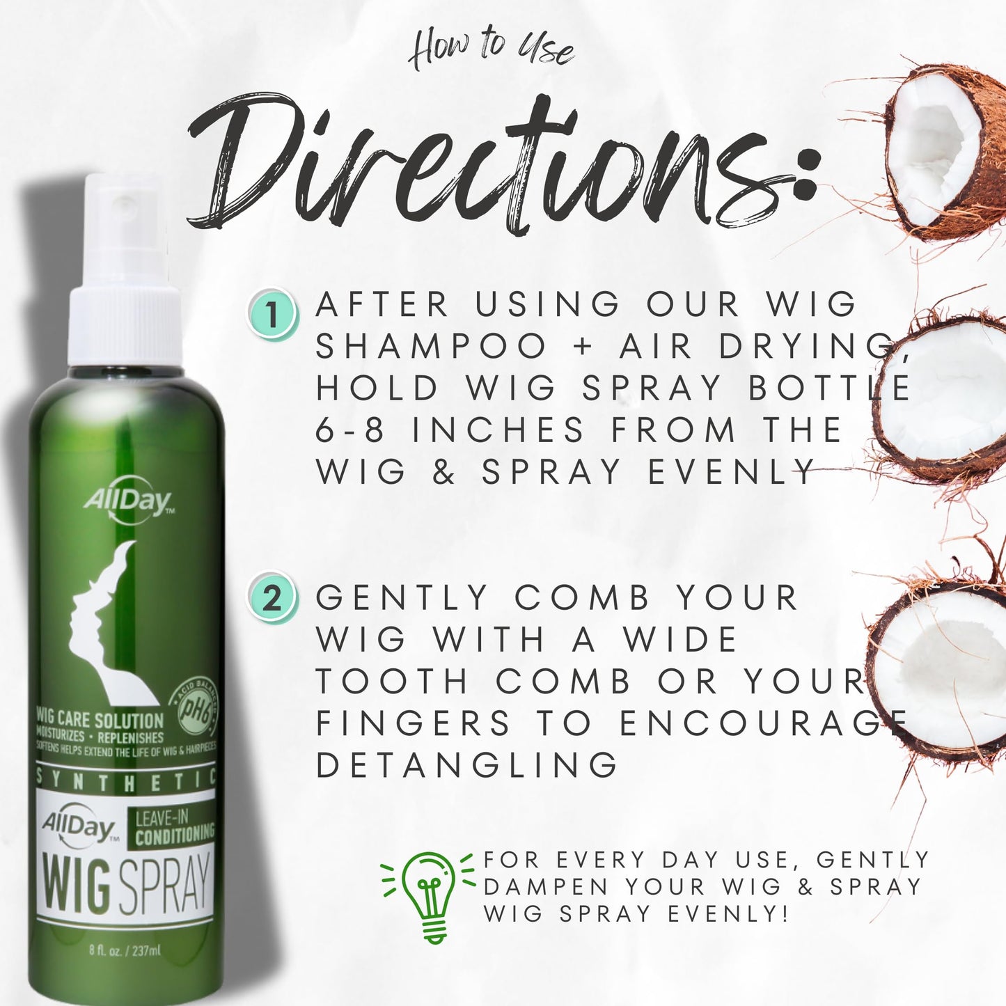 AllDay Locks Synthetic Wig Spray - Refreshing Leave-In Conditioner for Synthetic Hair, Detangler & Cleanser Spray for Wigs, for Women and Men, Nourishes & Softens Fibers - 8 oz Bottle