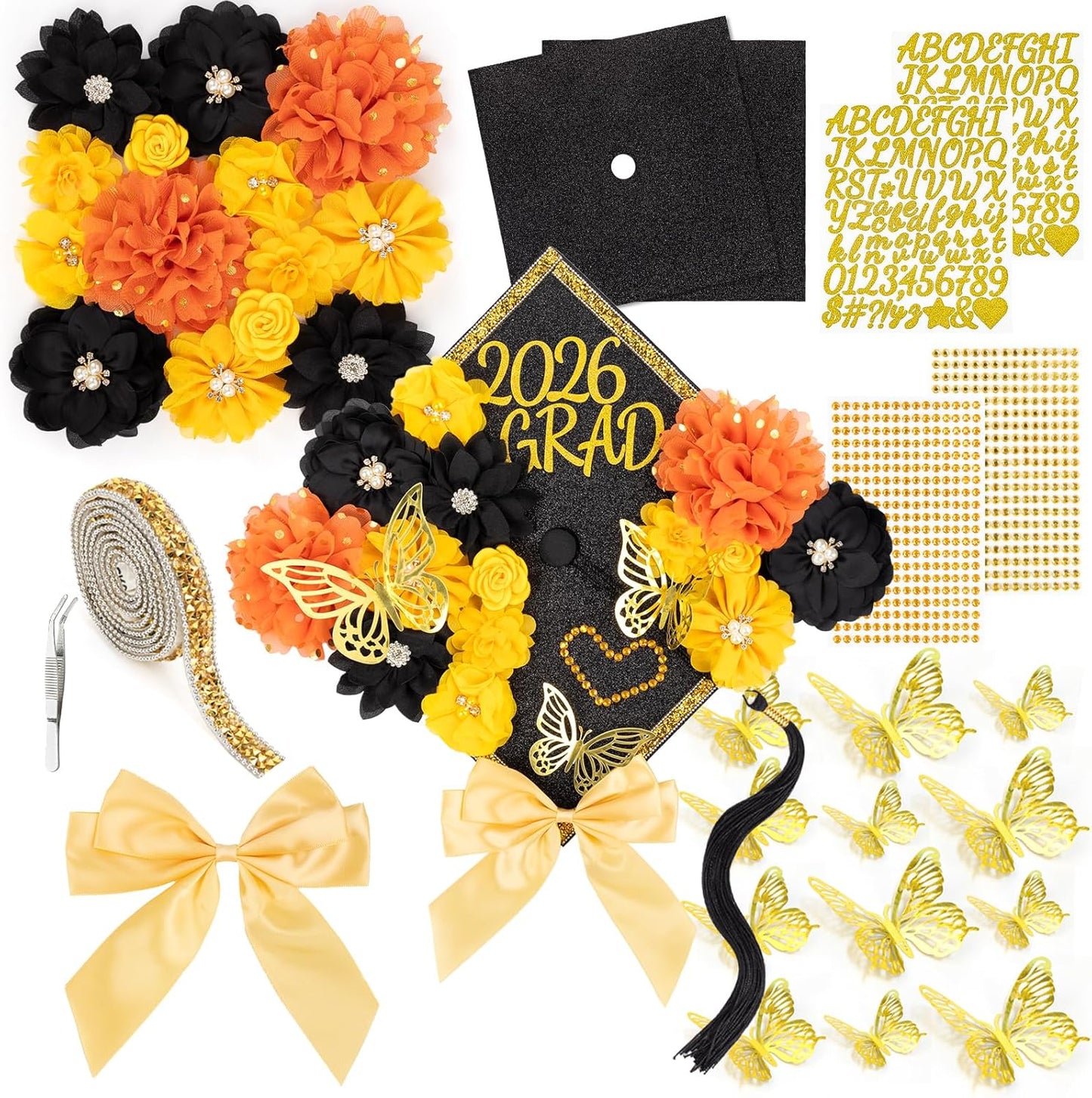 Graduation Cap Decorations Kit 2026 - DIY 36PCS Floral & Rhinestone Set | Pink 3D Butterflies & Alphabet Stickers