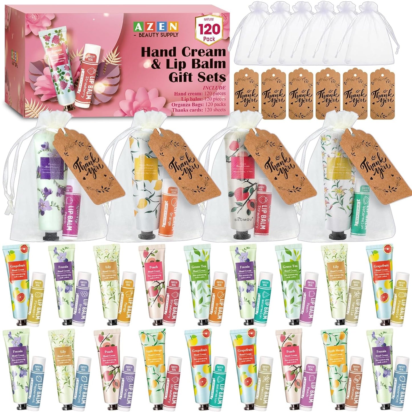 Hand Cream and Lip Balm Gift Set - 120 Bulk Sets with Organza Bag | Perfect for Baby Showers, Weddings, and Mother's Day